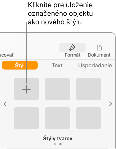 Záložka Štýl postranného panela Formát s tlačidlom Vytvoriť štýl v ľavom hornom rohu a piatimi prázdnymi vzorovými štýlmi.