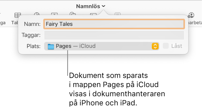 Dialogrutan Spara för ett dokument med Pages – iCloud i popupmenyn Plats.