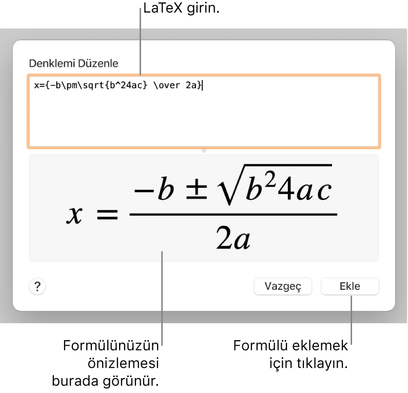 Denklem alanına LaTeX kullanılarak yazılmış ikinci dereceden formül ve altta formülün önizlemesi.