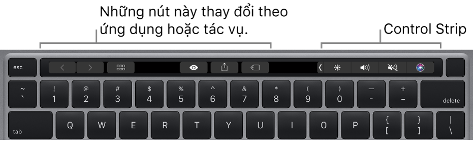 Một bàn phím với Touch Bar ở phía trên bàn phím. Các nút để sửa đổi văn bản nằm ở bên trái và ở giữa. Control Strip ở bên phải có các điều khiển hệ thống cho độ sáng, âm lượng và Siri.