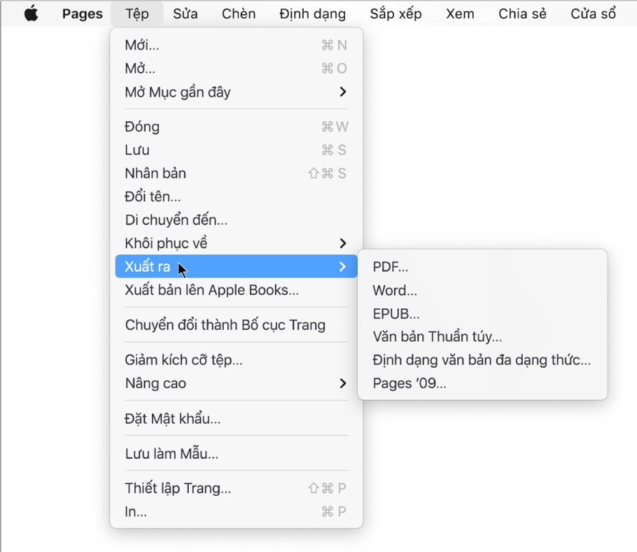 Menu Tệp mở với Xuất ra được chọn, với menu con đang hiển thị các tùy chọn xuất cho PDF, Word, Văn bản thuần túy, Định dạng văn bản phong phú, EPUB và Pages ’09.