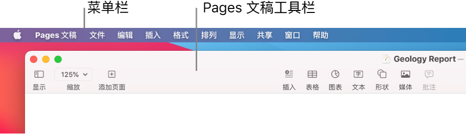 左上角具有苹果菜单和 Pages 文稿菜单的菜单栏，其下方的左上角具有“显示”和“缩放”相关按钮的 Pages 文稿工具栏。