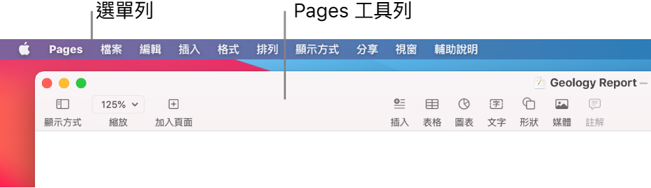 螢幕最上方的選單列，其中包含「蘋果」、Pages、「檔案」、「編輯」、「插入」、「格式」、「排列」、「顯示方式」、「分享」、「視窗」和「輔助說明」選單。選單列下方為打開的 Pages 文件，最上方分別為「顯示方式」、「縮放」、「加入頁面」、「插入」、「表格」、「圖表」、「文字」、「形狀」、「媒體」和「註解」工具列按鈕。