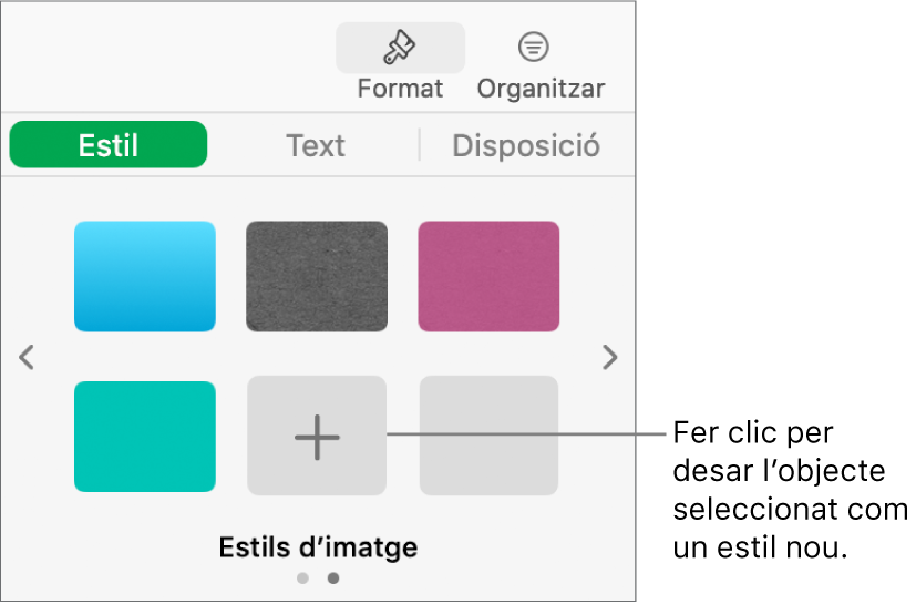 Pestanya Estil de la barra lateral Format amb quatre estils d’imatge, un botó “Crear un estil” i un marcador de posició d’estil buit.