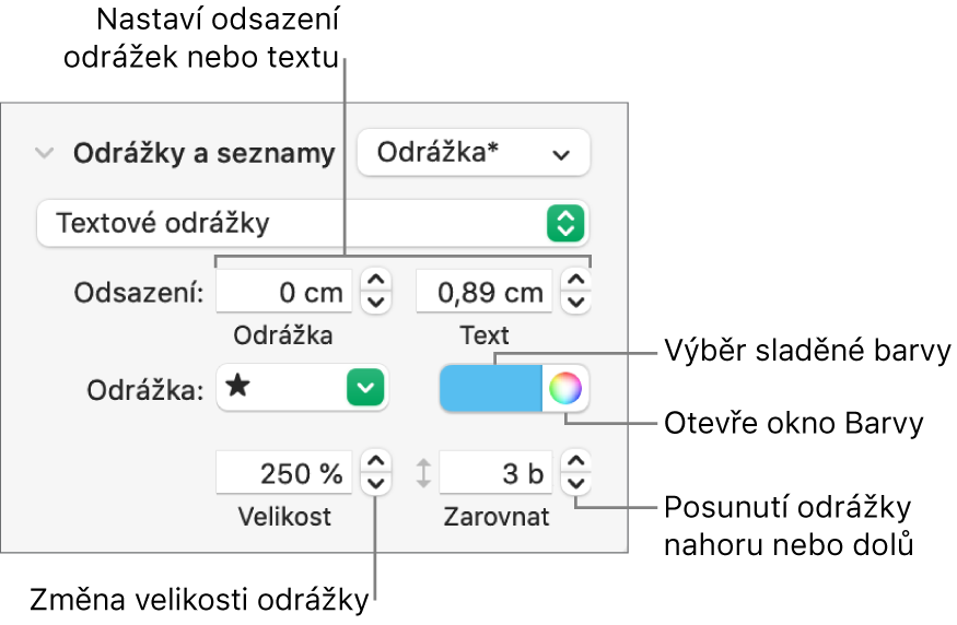 Sekce Odrážky a seznamy s popisky ovládacích prvků pro odsazení odrážek a textu, barvu odrážek, jejich velikost a zarovnání