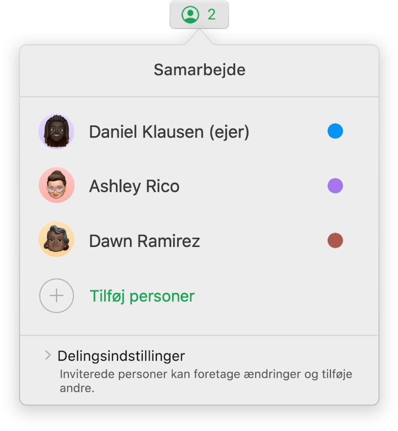 Menuen Samarbejde, der viser navnene på de personer, der samarbejder om regnearket. Under navnene vises delingsindstillinger.