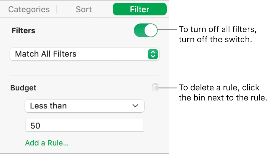 Controls for deleting a filter or turning all filters off.