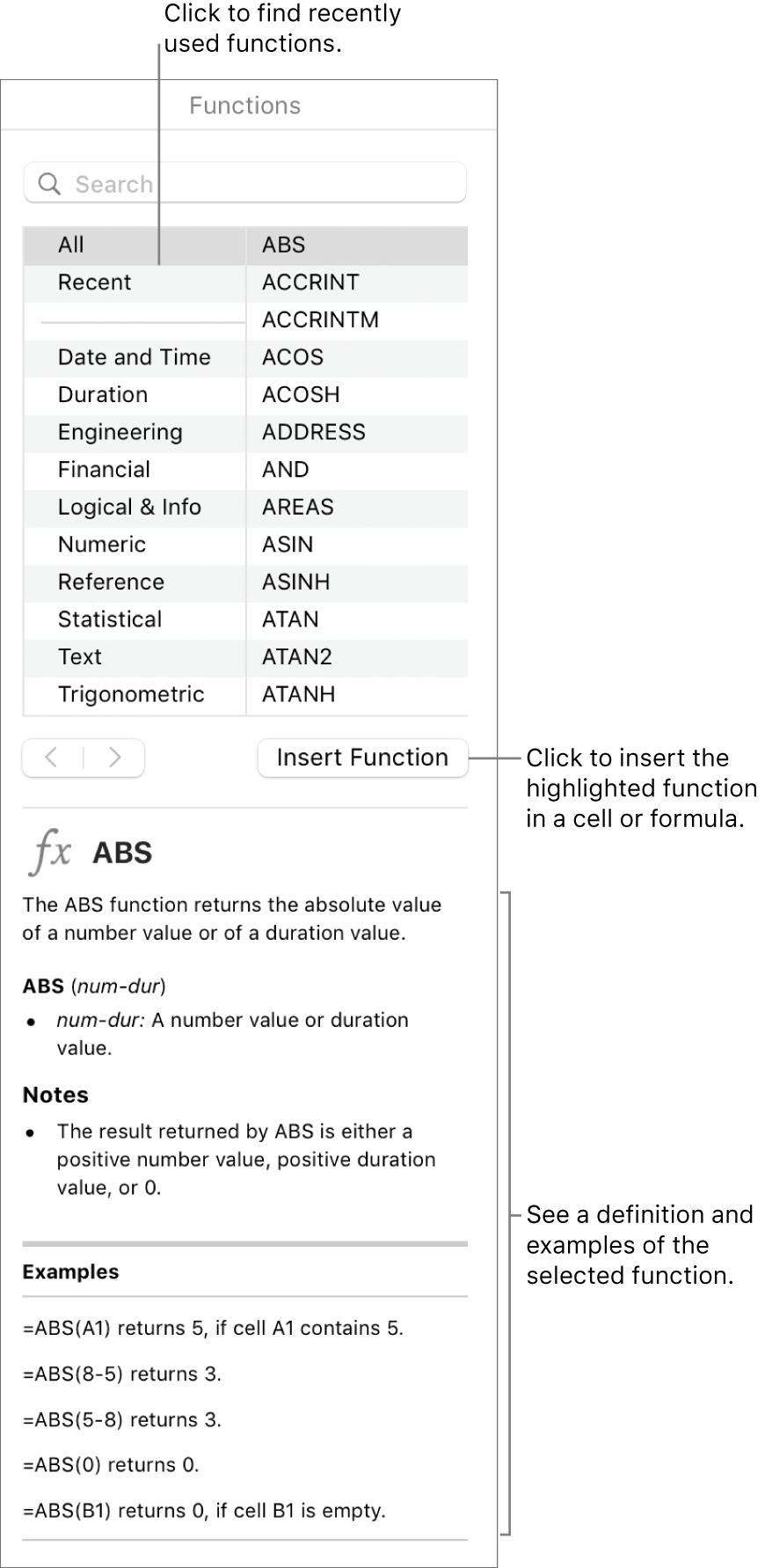 The Functions Browser with call outs to recently used functions, the Insert Function button and the function definition.