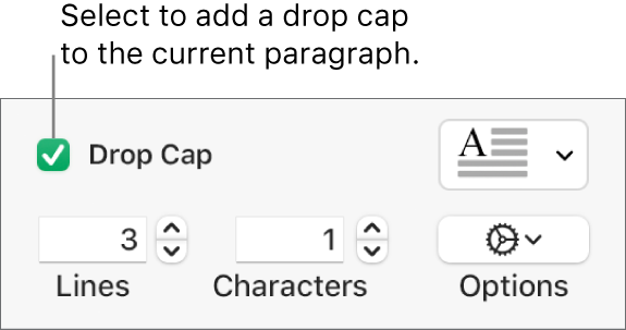 The Drop Cap tick box is selected, and a pop-up menu appears to its right; controls for setting the line height, number of characters, and other options appear below it.