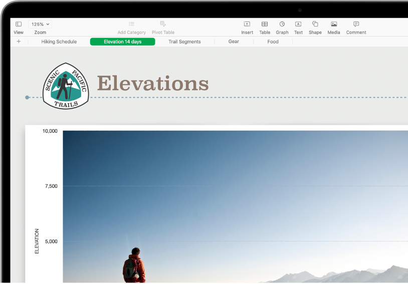 A spreadsheet tracking hiking information, showing sheet names near the top of the screen. The Add Sheet button is on the left, followed by sheet tabs for Hiking Schedule, Elevation, Track Segments, Gear and Food. The Elevation sheet is selected.