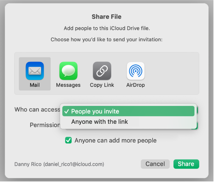 The collaboration dialogue with the “Who can access” pop-up menu open and “People you invite” selected.