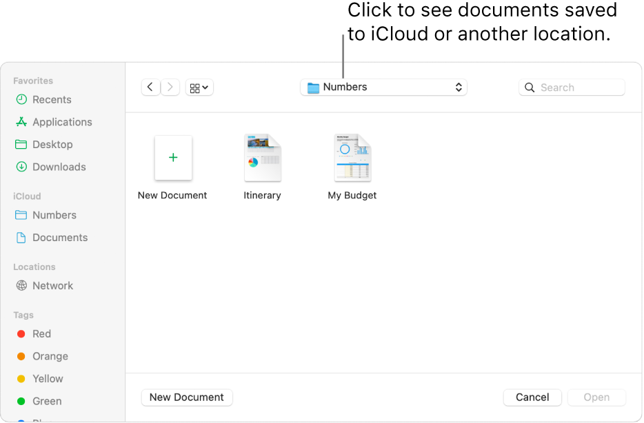 The Open dialog with the sidebar open on the left and iCloud Drive selected in the pop-up menu at the top. Folders for Keynote, Numbers, and Pages appear in the dialog, along with a New Document button.