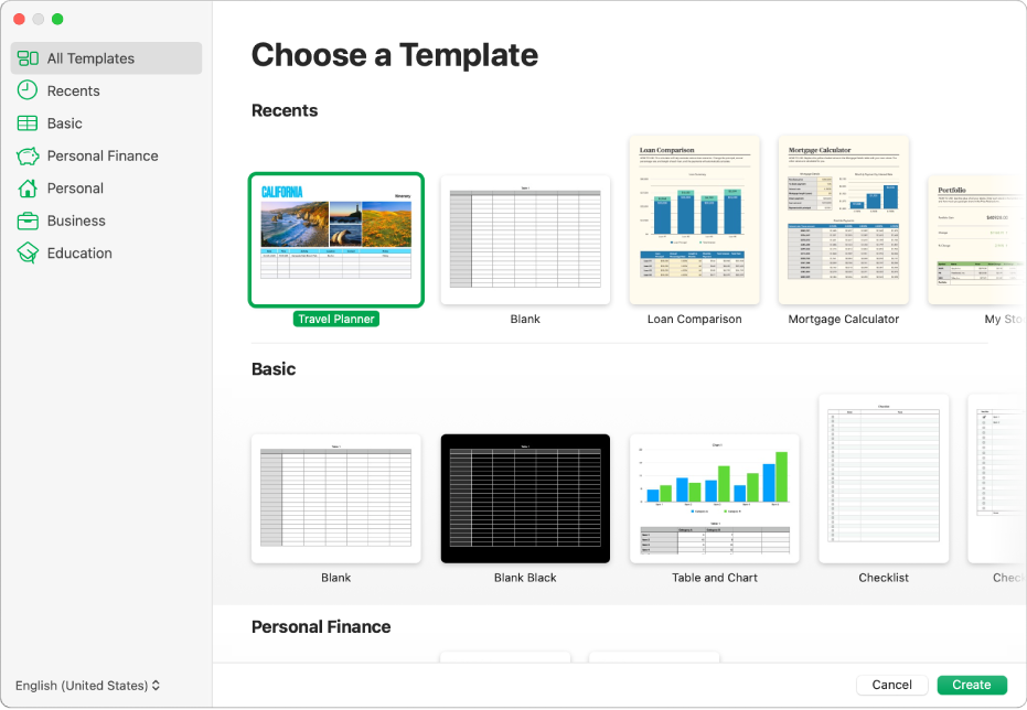 The template chooser. A sidebar on the left lists template categories you can click to filter options. On the right are thumbnails of predesigned templates arranged in rows by category, starting with Recents at the top and followed by Basic and Personal Finance. The Language and Region pop-up menu is in the bottom-left corner and Cancel and Create buttons are in the bottom-right corner.