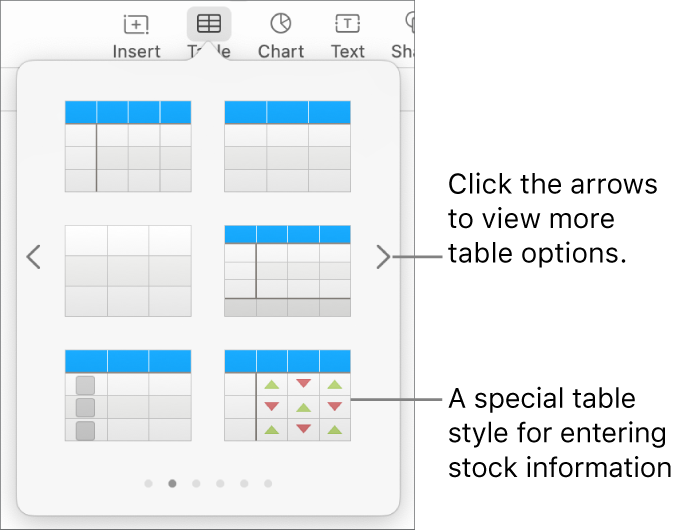 The table menu showing thumbnails of table styles, with a special style for entering stock information in the bottom-right corner. Six dots at the bottom indicate you can swipe to see more styles.