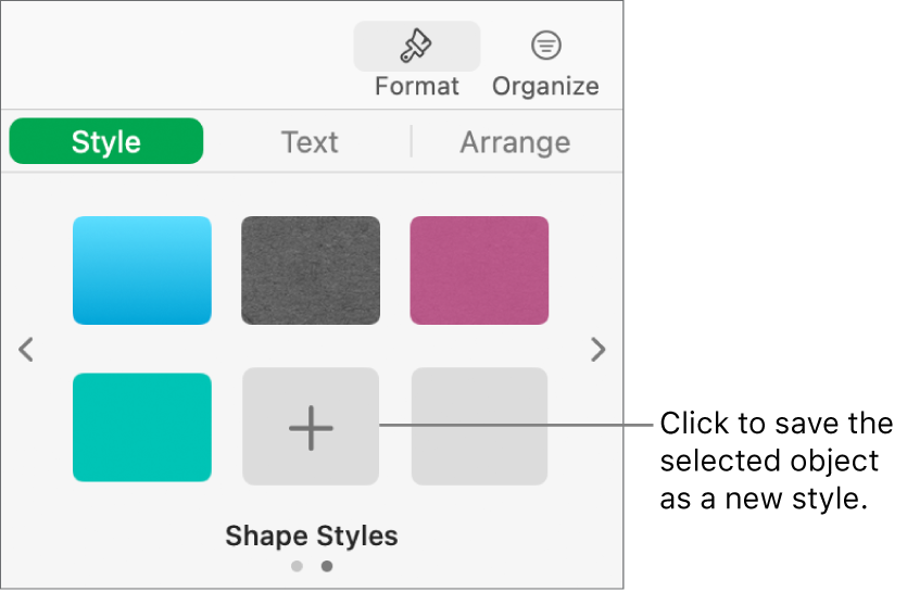 The Style tab of the Format sidebar with four image styles, a Create Style button, and an empty style placeholder.