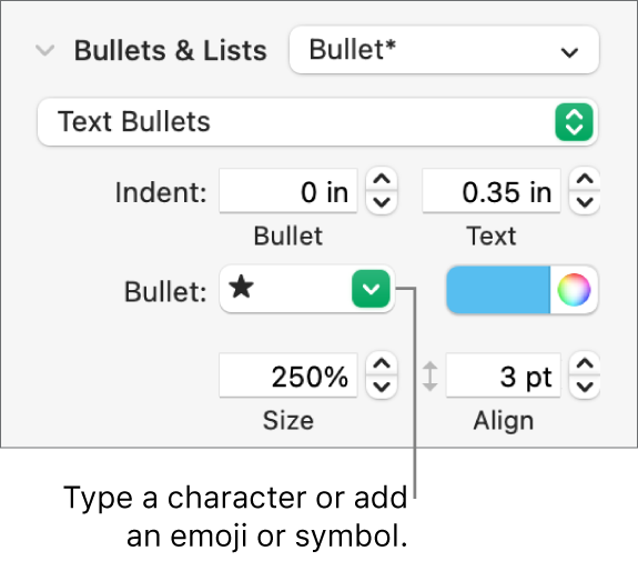 The Bullets & Lists section of the Format sidebar. The Bullet field shows a star emoji.