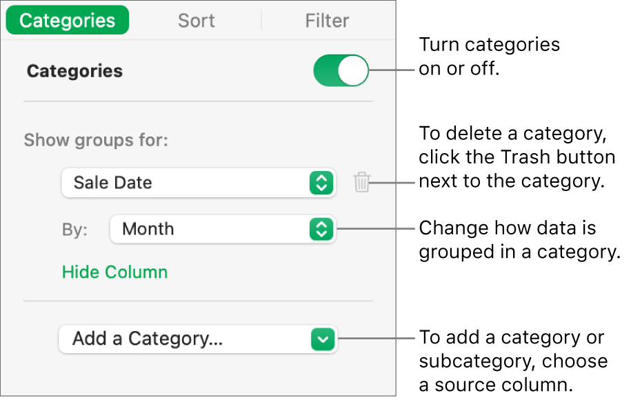 The categories sidebar with options for turning categories off, deleting categories, regrouping data, hiding a source column, and adding categories.