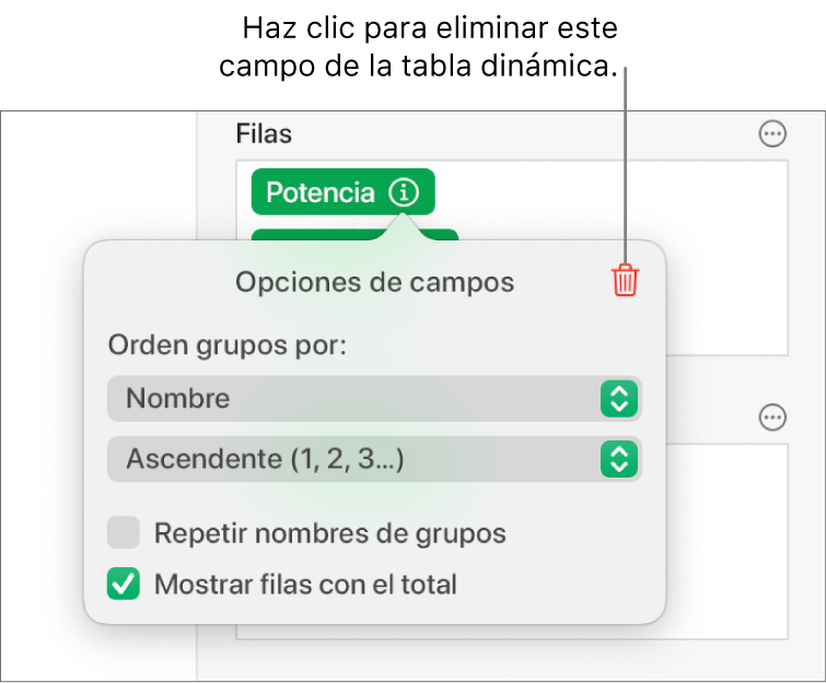 El menú “Opciones de campos”, mostrando los controles para agrupar y clasificar los datos, así como la opción para eliminar un campo.