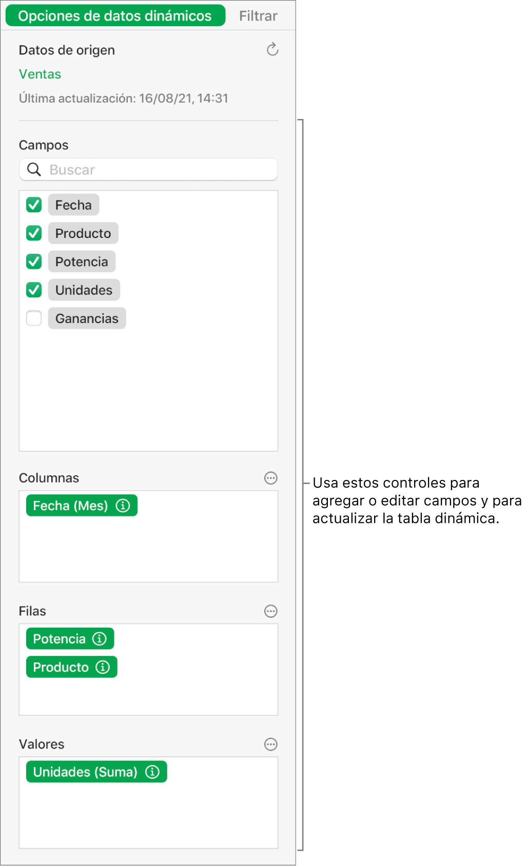 El menú “Opciones de datos dinámicos” mostrando los campos de las secciones Columnas, Filas y Valores, así como los controles para editar los campos y actualizar la tabla dinámica.