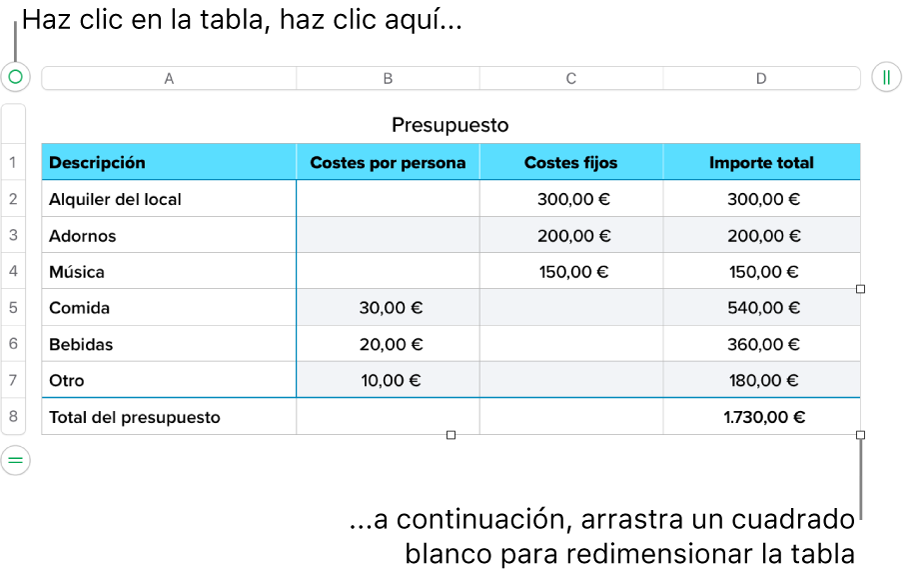 Una tabla seleccionada con cuadrados blancos para redimensionarla.