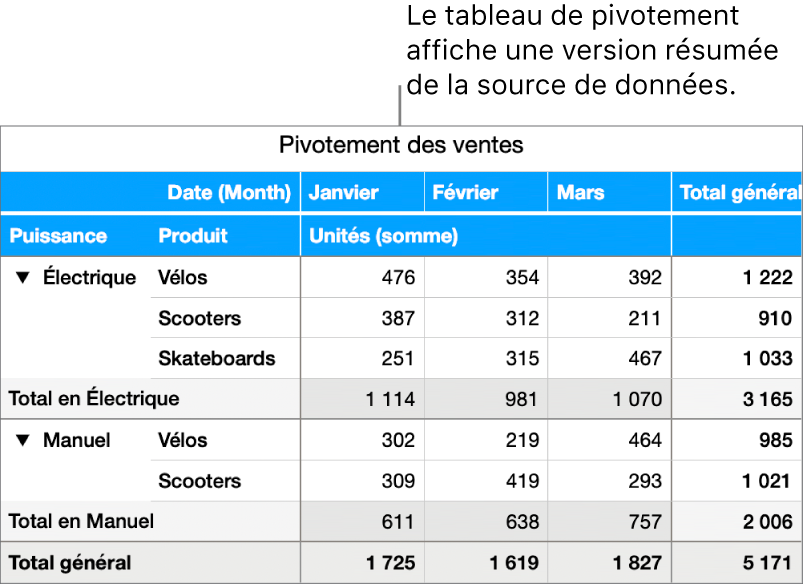 Un tableau de pivotement présentant des données synthétisées ainsi que des commandes pour afficher certaines données.