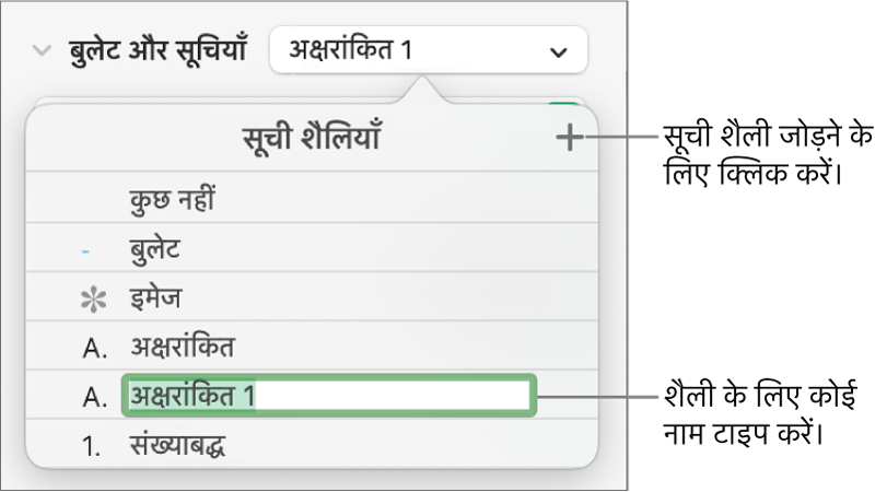 शीर्ष-दाएँ कोने में “जोड़ें” बटन के साथ “सूची शैली” मेनू और अपने चुने गए टेक्स्ट के साथ एक प्लेसहोल्डर शैली नाम।