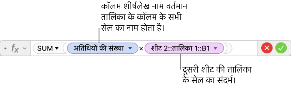 एक तालिका के कॉलम और दूसरी तालिका के सेल का संदर्भ देने वाला सूत्र दिखाता सूत्र संपादक।