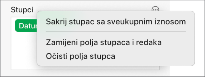 Izbornik Više opcija polja prikazuje naredbe za skrivanje sveukupnih vrijednosti, zamjenu polja stupaca i redaka i čišćenje polja.