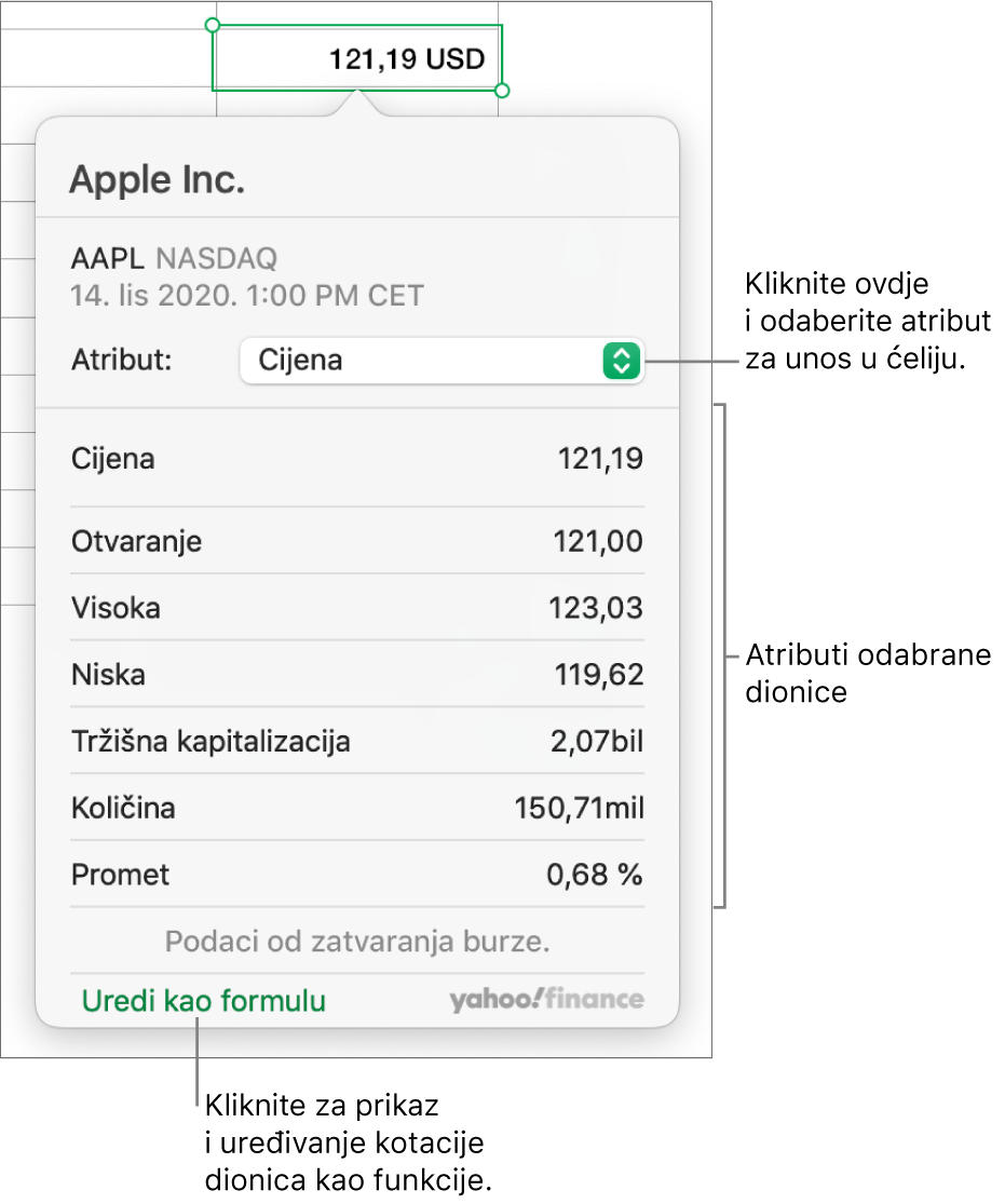 Dijaloški okvir za unos informacija o atributu dionice, s Appleom kao odabranom dionicom.