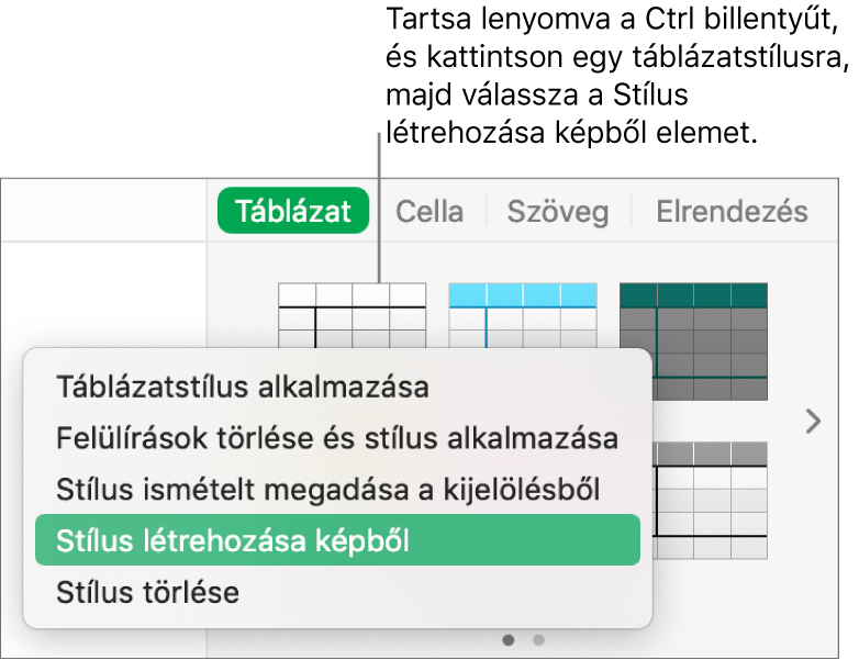 A Táblázatstílus helyi menü.