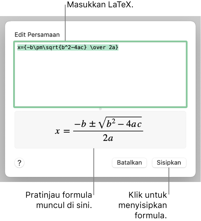 Formula kuadratik yang ditulis menggunakan LaTeX di bidang Persamaan, dan pratinjau formula di bawah ini.