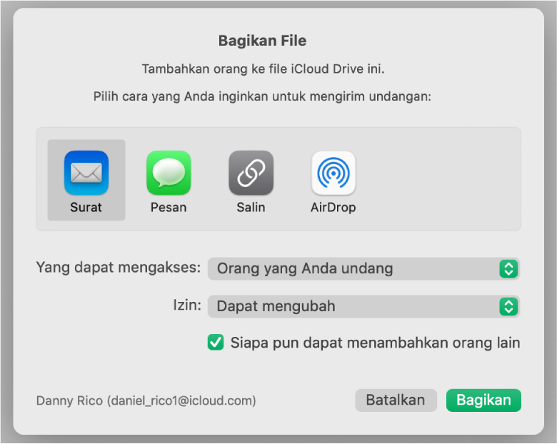 Jendela pengaturan kolaborasi dengan tombol Bagikan di bagian bawah.