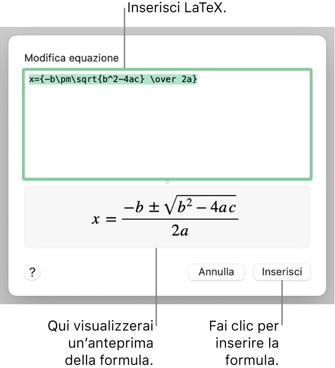 La formula quadratica scritta tramite LaTeX nel campo Equazione e un'anteprima della formula sotto.