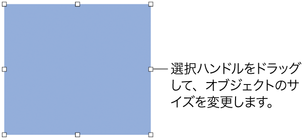 オブジェクトのサイズを変更するための白い正方形が枠線に表示されているオブジェクト。