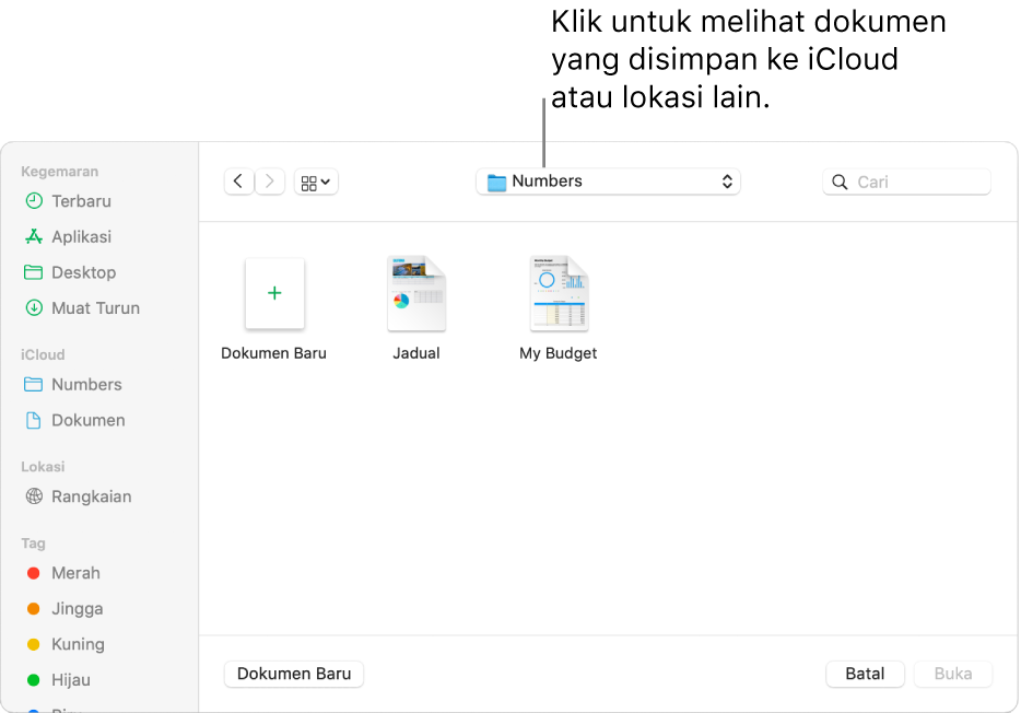 Dialog Buka dengan bar sisi dibuka pada bahagian kiri dan iCloud Drive dipilih dalam menu timbul di bahagian atas. Folder untuk Keynote, Numbers dan Pages muncul dalam dialog, bersama dengan butang Dokumen Baharu.