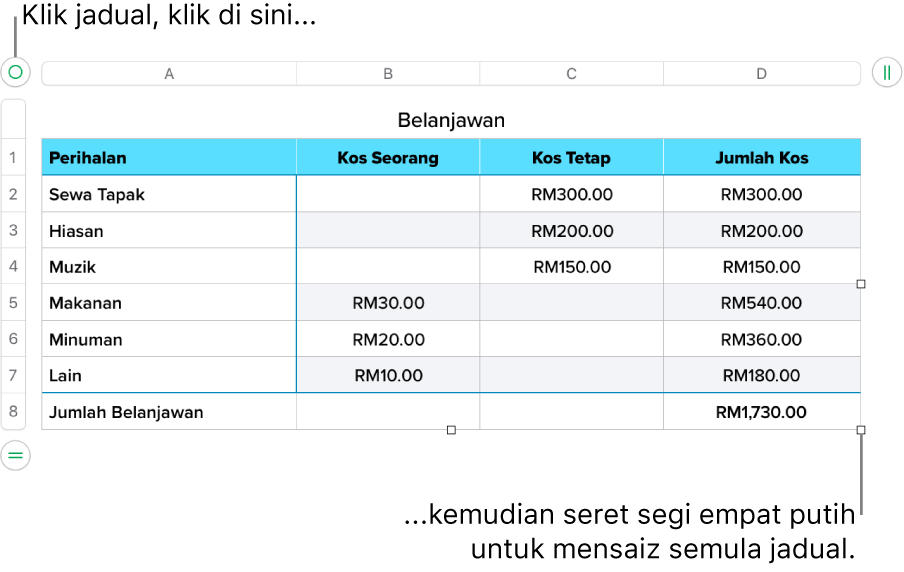 Jadual terpilih dengan segi empat putih untuk mensaiz semula.