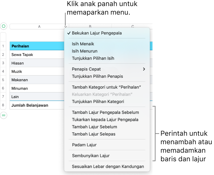 Menu lajur jadual dengan arahan untuk menambah atau memadamkan baris dan lajur.