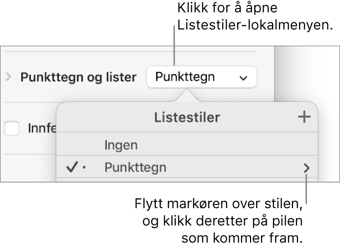 Listestiler-lokalmenyen med én stil markert og en pil helt til høyre for den.