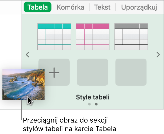 Przeciąganie obrazka do stylów tabeli w celu utworzenia nowego stylu.