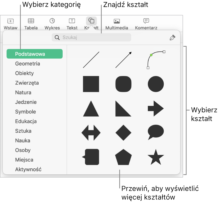 Biblioteka kształtów, po lewej widoczna jest lista kategorii, a po prawej wyświetlane są kształty. Możesz użyć znajdującego się na górze pola wyszukiwania, aby wyszukiwać kształty. Przewiń, aby zobaczyć ich więcej.