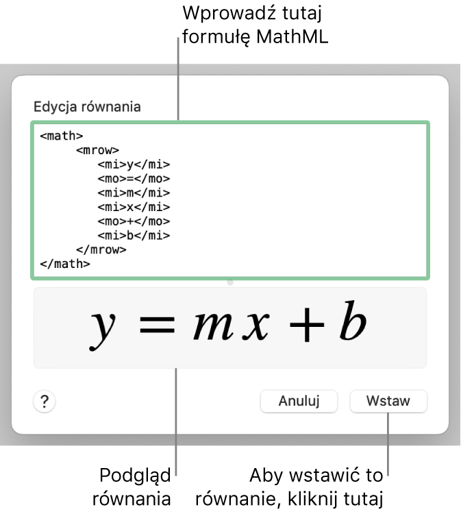 Równanie nachylenia linii zapisane w polu Edycja równania oraz podgląd tego równania poniżej.