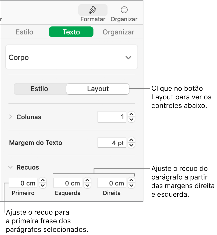 Seção Layout da barra lateral Formatar mostrando controles para ajuste do recuo da primeira linha e das margens do parágrafo.