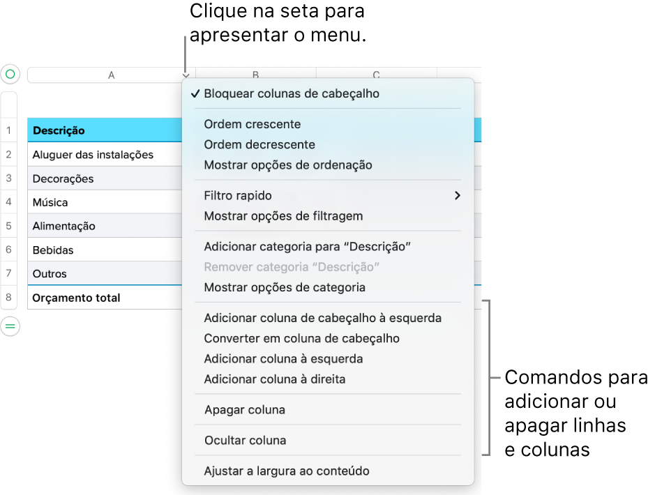 O menu de coluna de tabela com comandos para adicionar ou apagar linhas e colunas.