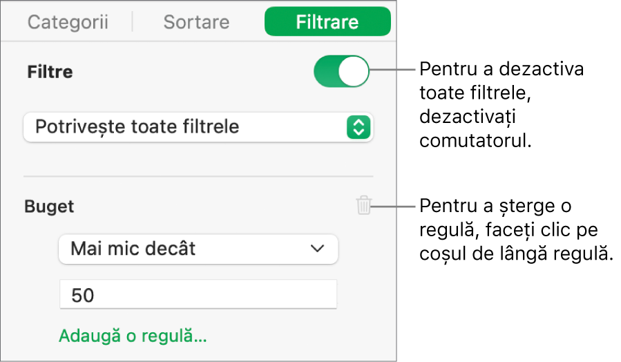 Comenzi pentru ștergerea unui filtru sau dezactivarea tuturor filtrelor.