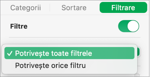 Meniu pop-up pentru a alege între afișarea rândurilor care se potrivesc cu toate filtrele sau cu orice filtru.