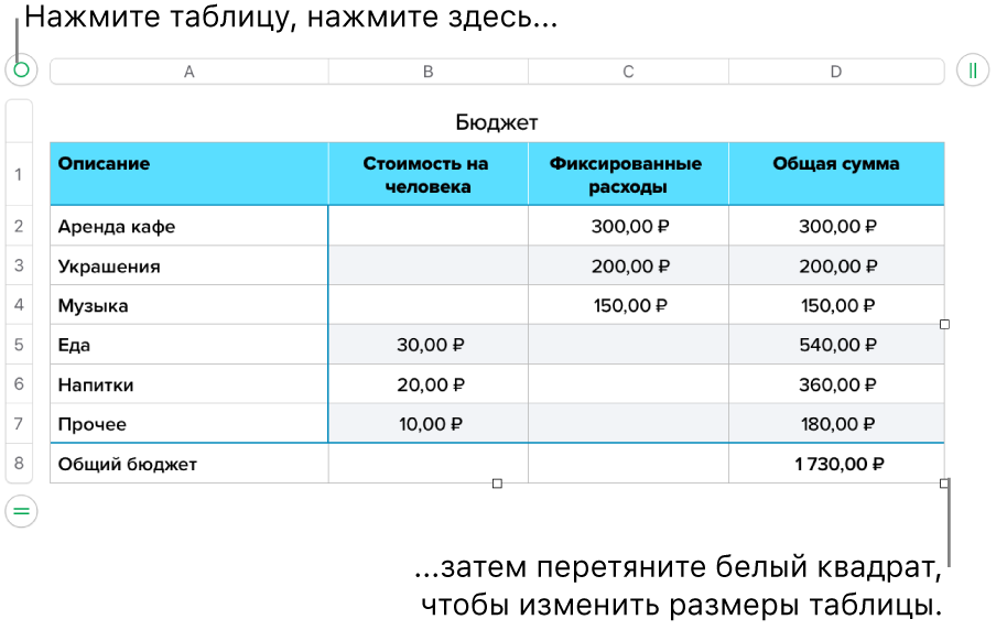 Выбранная таблица с белыми квадратами для изменения размера.