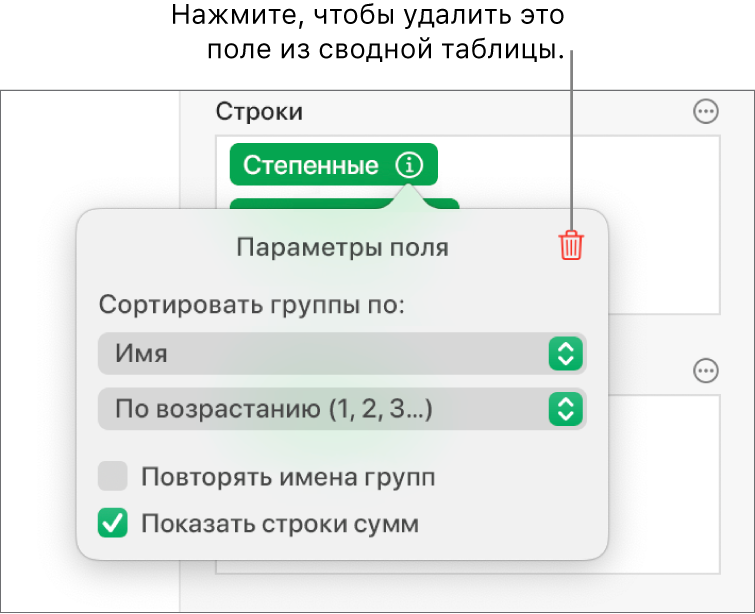 Меню параметров поля, отображающее элементы управления для группировки и сортировки данных, а также для удаления поля.