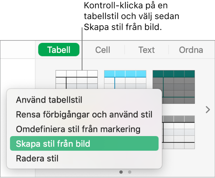 Kontextmenyn för tabellstilar.