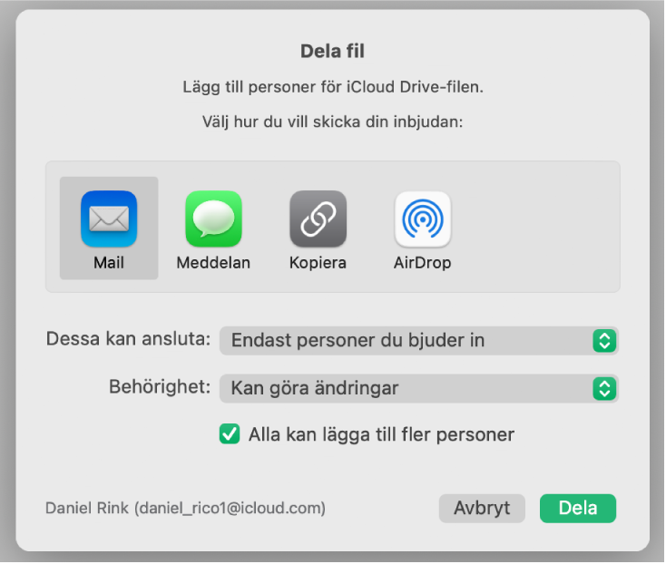 Fönstret för samarbete med en delningsknapp längst ned.