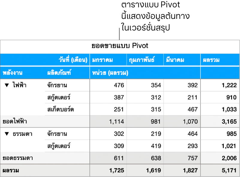 ตารางแบบ Pivot ที่แสดงข้อมูลสรุปและตัวควบคุมสำหรับแสดงข้อมูลใดข้อมูลหนึ่ง